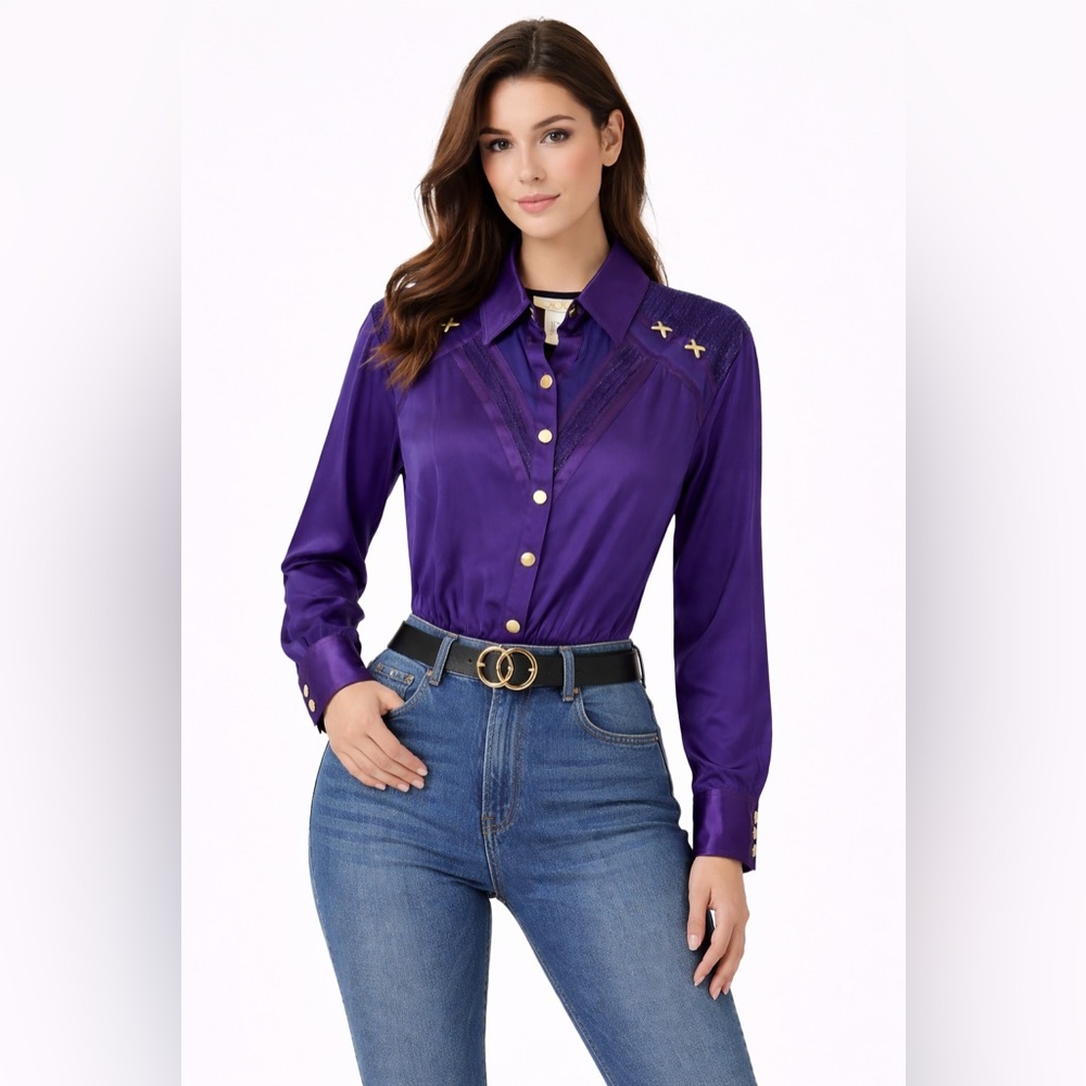 Cache Purple Button Down Shirt with Gold Accents